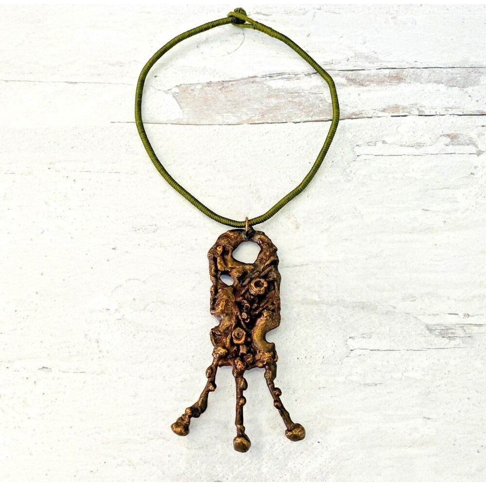 Vintage Massive Size Modernist Brutalist Bronze Copper Brass Pendant Necklace